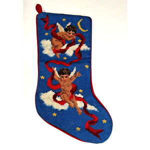 NEEDLEPOINT By Hand CHERUB CHRISTMAS STOCKING Stars Moon Clouds ANGELIC BLUE